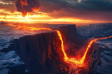 Fototapeta premium A wide landscape of a crack in the earth's crust opening near an active volcano, with fiery lava flows spilling into the chasm.