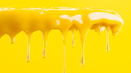 Vivid yellow liquid dripping smoothly against a vibrant yellow background