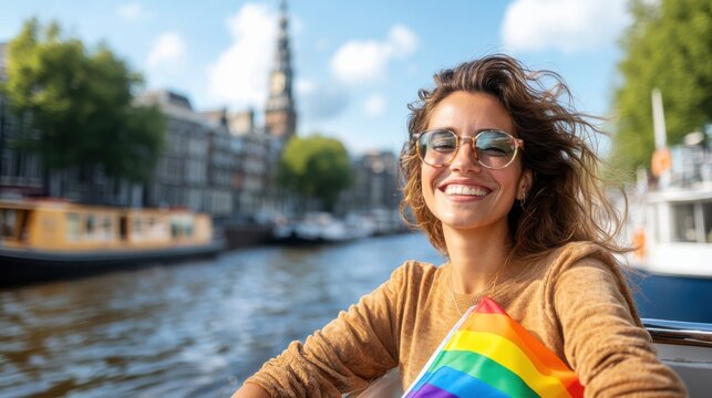 Amidst a city canal, a woman rides a boat joyfully holding a rainbow pride flag, highlighting themes of freedom, joy, and diversity on a cloudless day.