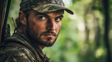 A focused hunter gazes intently while camouflaged in a lush forest during early morning light