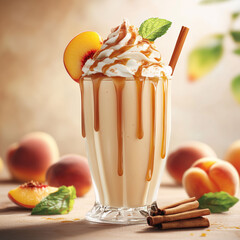 Peach milkshake with whipped cream, caramel and cinnamon garnish.