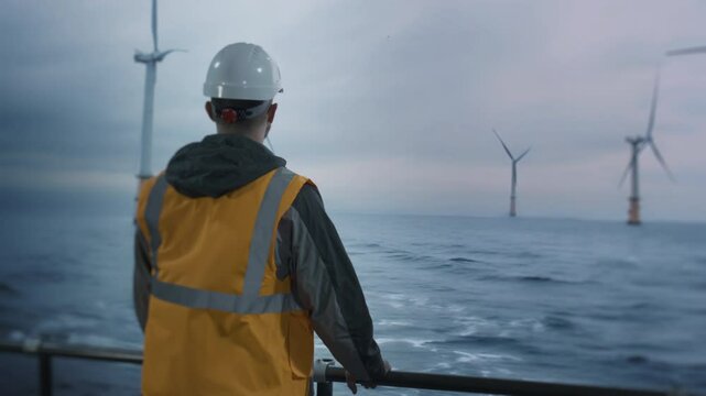 Offshore Wind Farm Worker Looking At Turbines In Stormy Sea Environment Energy