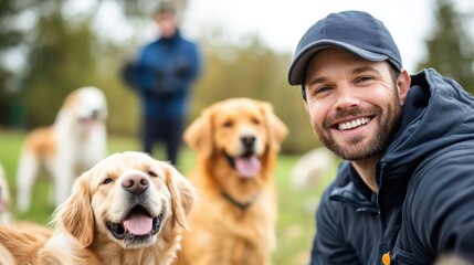 A joyful man wearing a cap is seen with happy golden retrievers and other dogs in a lush green park, creating a playful and energetic outdoor ambiance.