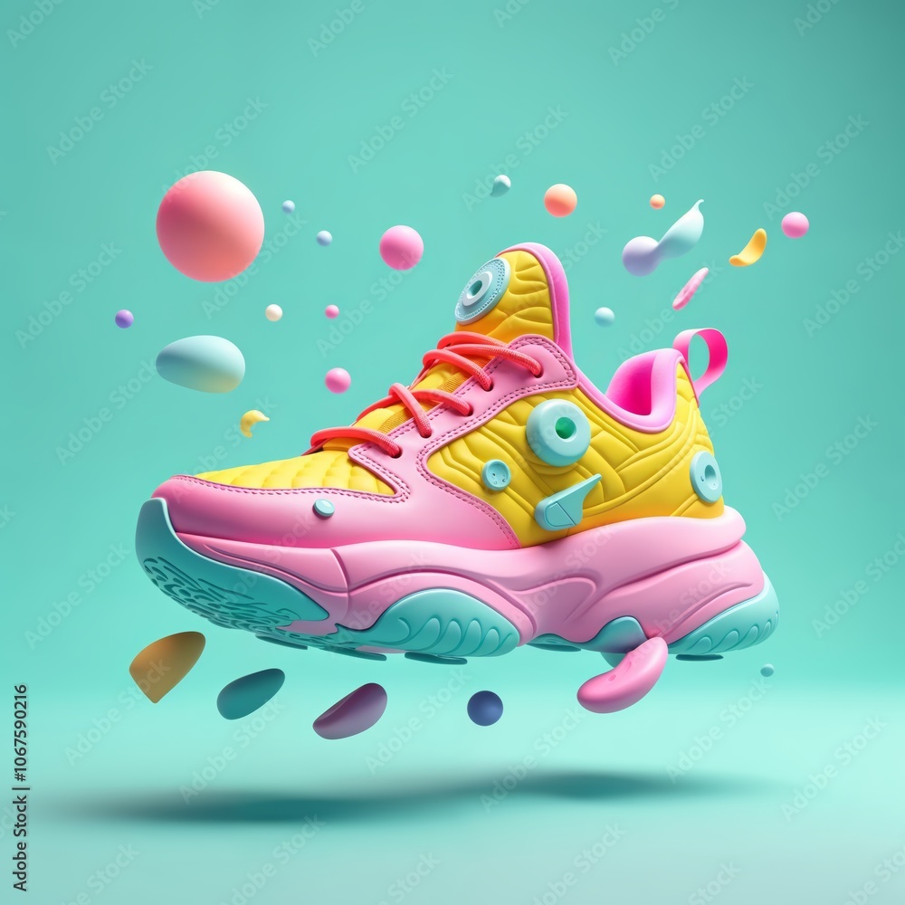 Poster create vibrant 3d product featuring colorful sneakers in dynamic floating design