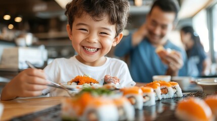 A cheerful child enjoys sushi at a dining table, sharing laughter and meals with family. The atmosphere is bright, lively, and bursting with culinary joy.