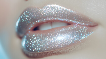 Obraz premium Close-up of shimmering glossy lips with sparkling glitter