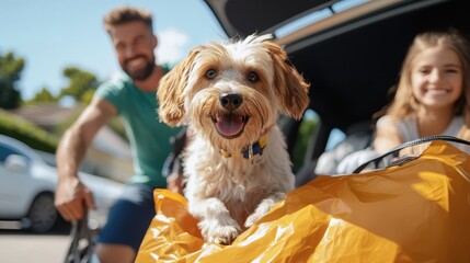 A small, energetic dog looks out from a car trunk, closely accompanied by a smiling family, ready for a delightful adventure on a bright day. Shows companionship.