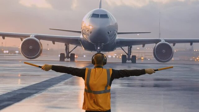 Ground Crew Aircraft Marshal Guiding Plane Runway Airport Safety Operations Dawn
