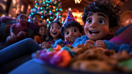 Animated children wearing party hats excitedly enjoy cookies and sweets at a holiday celebration, with a brightly decorated Christmas tree in the background.