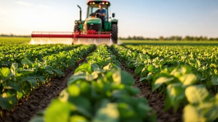 Green plants line a sunny field as a tractor sprays for pest control, conveying modern farming efficiency, growth, and environmental stewardship.