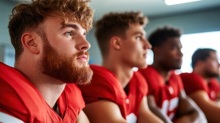 A group of young athletes wearing vibrant red jerseys focus intently as they sit on the sidelines, possibly strategizing or awaiting their turn to play in a sports event.