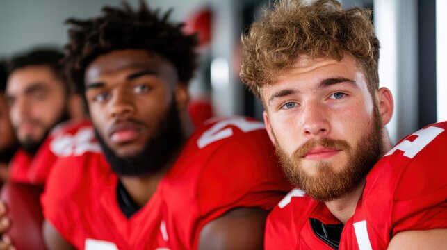 A focused football player, clad in a red jersey, holds the ball securely, highlighting his determination, concentration, and passion for the sport in an indoor setting. - Powered by Adobe