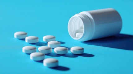 White pills spilled from container on blue background