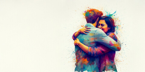 Fototapeta premium Couple Embracing in a Loving Hug, Expression of Intimacy, Watercolor Painting Illustration on Textured Paper