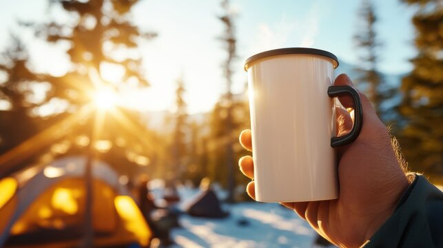 A hand holds a steaming cup of coffee at sunrise, surrounded by a winter camping scene with a tent and snow-covered trees, evoking warmth and adventure.