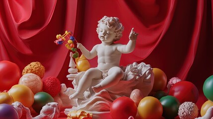 Fototapeta premium Whimsical Childhood Delight: Classic Marble Statue of a Child Playing with a Toy in a Colorful Red Setting - Perfect as a Poster for Playful Sports Interiors