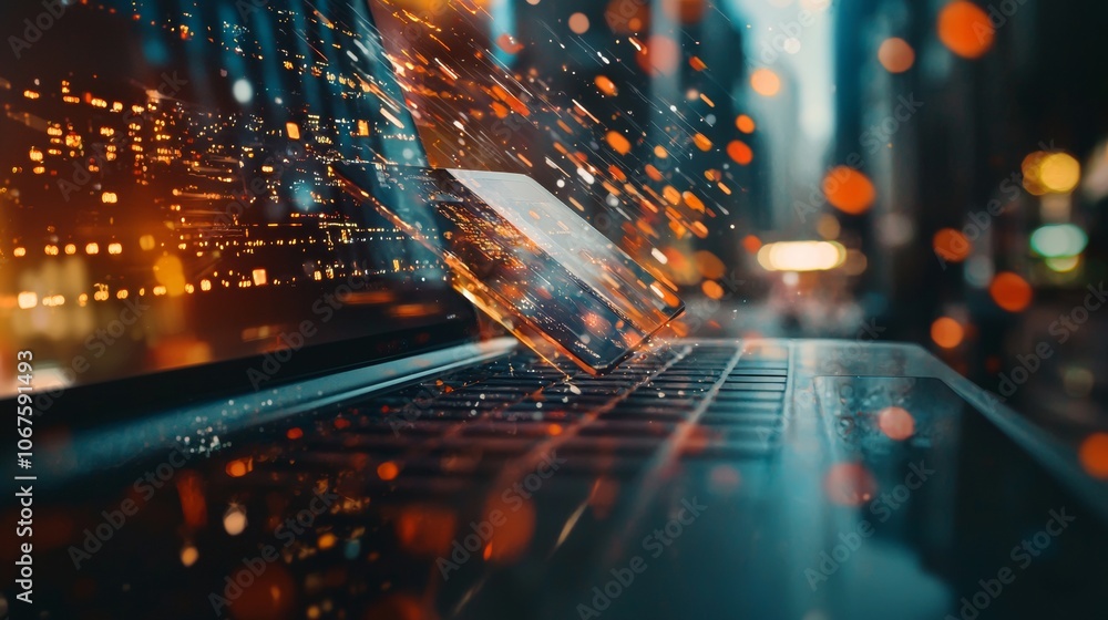 Poster laptop with virtual data overlay in vibrant urban setting