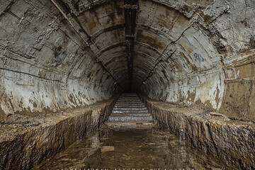 Exploring an abandoned underground tunnel with water at the base
