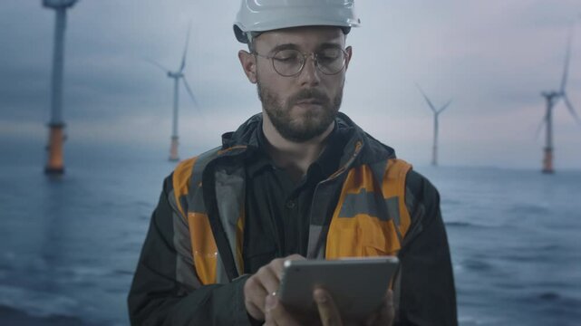 Offshore Wind Farm Engineer Checking Digital Tablet Ocean Energy Professional