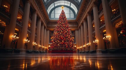 Obraz premium A grand, ornate Christmas tree stands tall in a spacious hall, illuminated by warm candlelight and a skylight.