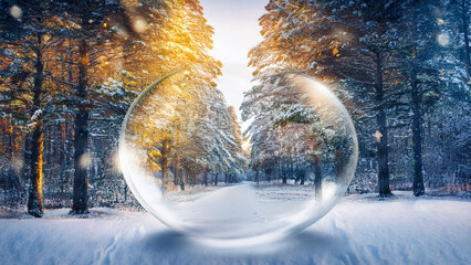 Festive Pine Forest with Snow and Christmas Ornament