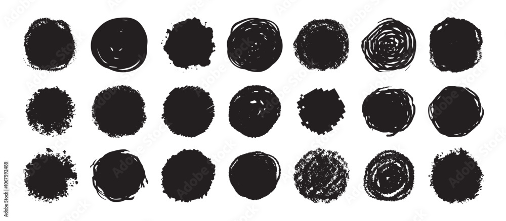 Poster round grunge scratch and textured ink brush strokes set. isolated vector black collection. dirty exp