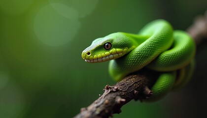 Fototapeta premium Close-up of a vivid green snake resting on a branch with a blurred natural background