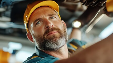 A mature mechanic in a yellow cap and uniform meticulously inspects a vehicle from below, with a determined expression under bright workshop lighting.
