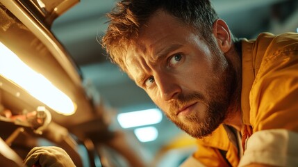 A young mechanic displays concentration and expertise while examining a car engine, set in a brightly illuminated garage, embodying precision and technical skills.