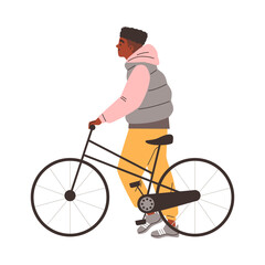 Vector illustration of a teenage boy with a bicycle on an isolated white background.