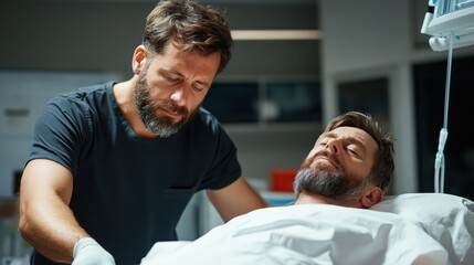 Obraz premium A doctor interacts with a patient in a healthcare setting, highlighting the attention to patient needs and the application of advanced scanning technology for diagnostics.