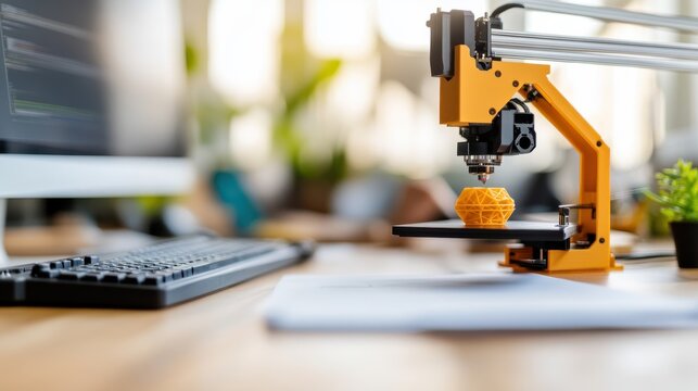 A 3D printer actively prints a geometric, yellow object on a desk, showcasing technology and innovation in modern manufacturing processes. - Powered by Adobe