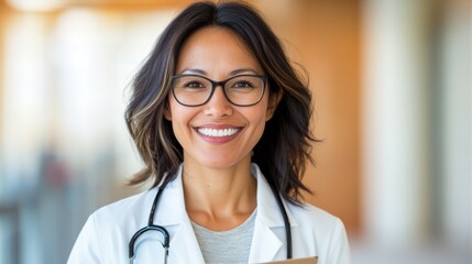 A smiling female doctor in a lab coat, wearing glasses and a stethoscope, presents a welcoming and professional image in a medical facility corridor.