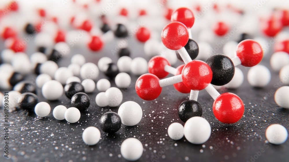Poster an artistic representation of carbon dot molecular structures surrounded by vibrant particles on a t
