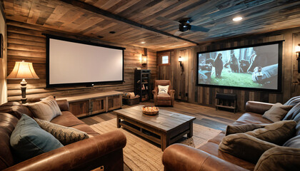 Rustic home entertainment setup featuring a projector screen and comfortable seating area for a cozy movie night experience._00001_