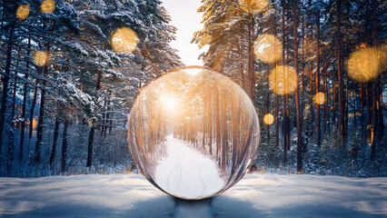 Festive Pine Forest with Snow and Christmas Ornament