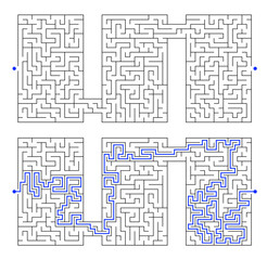 Vector labyrinth composed of 3 connected vertical rectangular mazes. Black and white riddle with entry and exit. Find the way through labyrinth puzzle. Medium level difficulty game for childrens