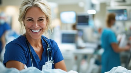 With a radiant smile, a blonde nurse in blue scrubs is situated in a busy hospital environment, spreading positivity and showcasing professionalism and care.