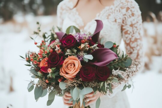 bridal bouquet with jewel-toned flowers, including deep red roses, purple calla lilies, and rich greenery, tied with a metallic gold ribbon