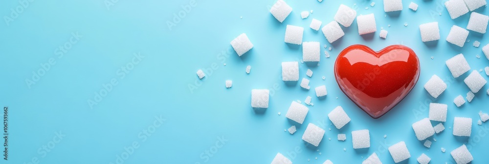 Poster sugar cubes surround a red heart on a blue surface, highlighting the impact of sugar on heart health