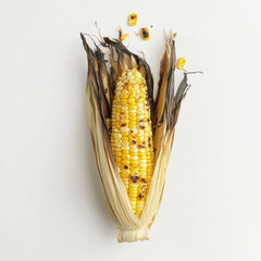 A freshly grilled corn on the cob, isolated on a white background, showcasing a golden texture and...