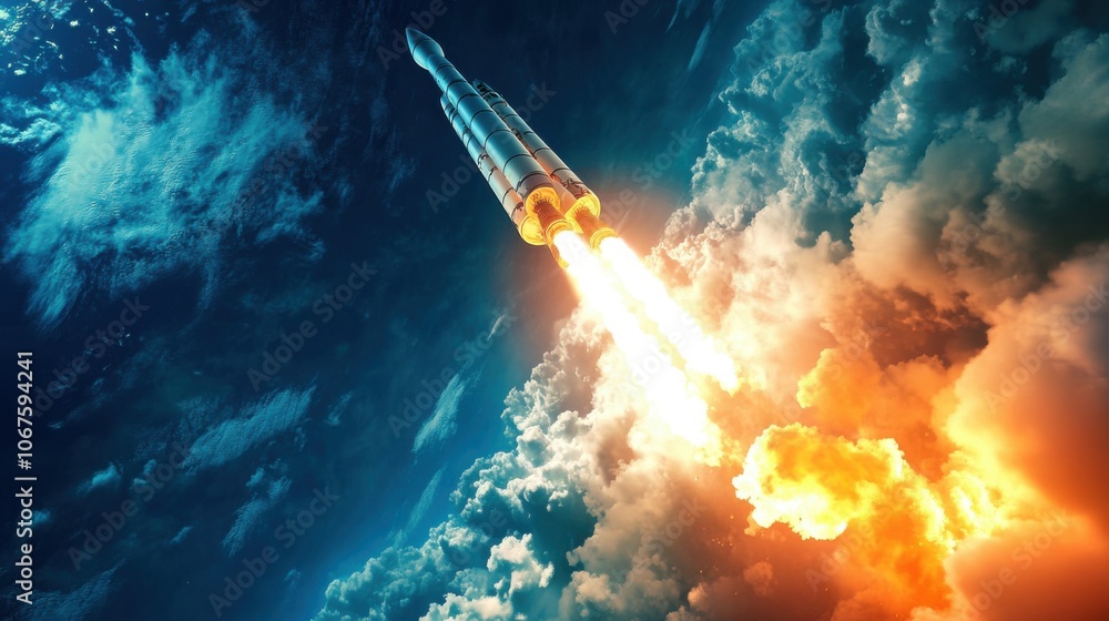 Poster reusable rocket technology: rockets landing vertically for re-use after launching satellites