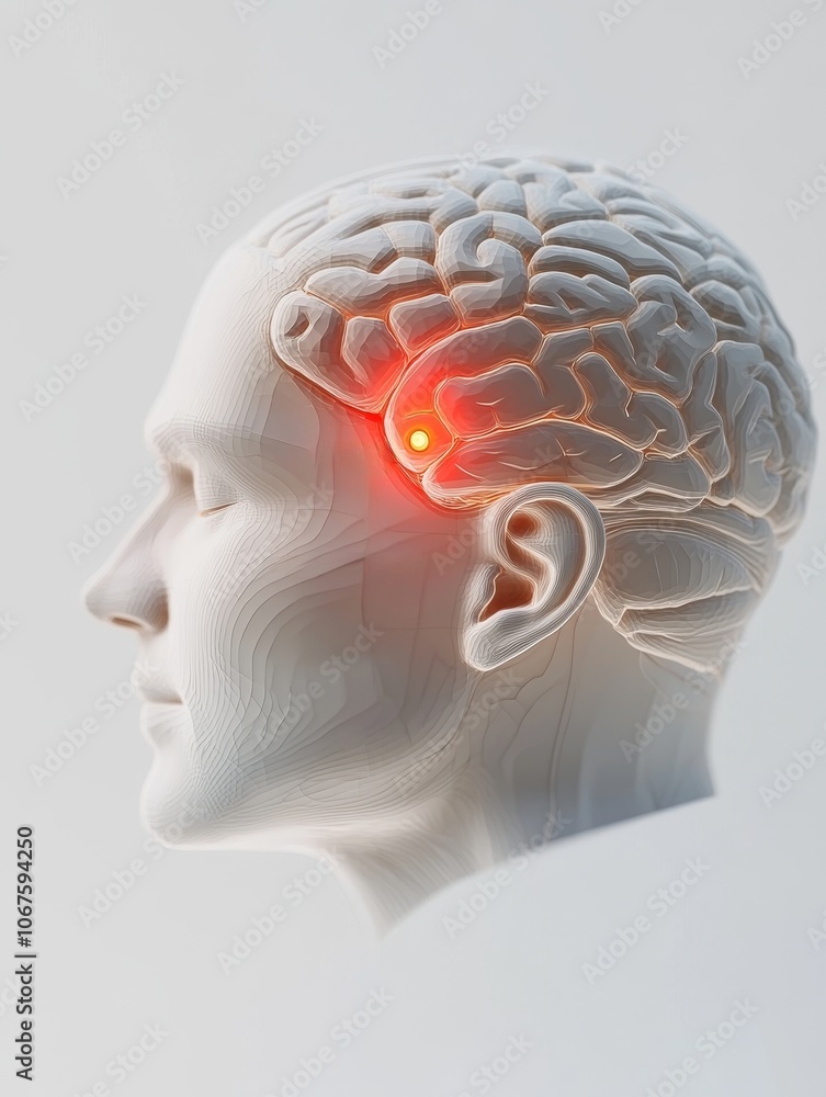 Poster a detailed representation of a human head showcasing a highlighted area in the brain, emphasizing ne