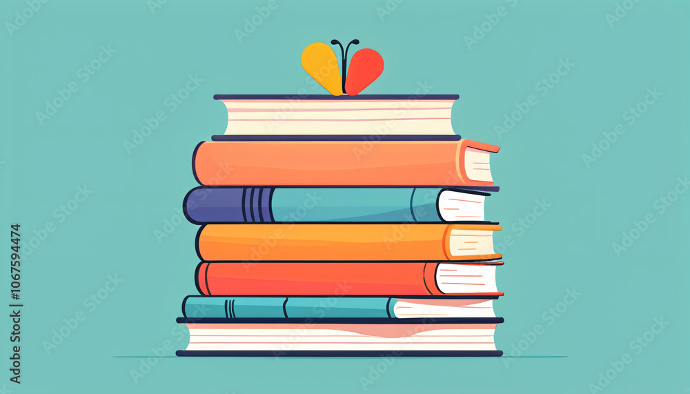 Aufkleber A colorful flat design illustration of a stack of various books and notebooks in cartoon style with simple shapes and minimal details._00001_