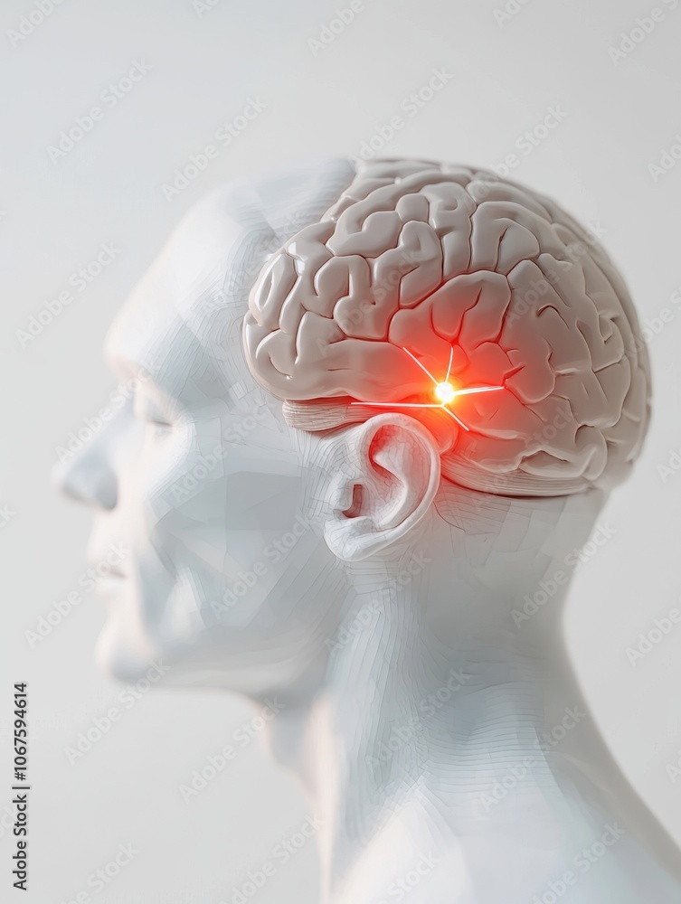 Poster 3d model of a human head showing brain activity with glowing neural connections on a light backgroun