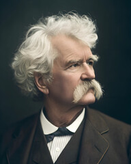 Portrait von Mark Twain vor dunkelgrünem Hintergrund im Stil einer colorierten Fotografie