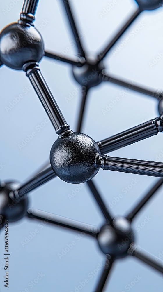 Poster exploring the intricate molecular structure of carbon in a laboratory setting with a soft blue gradi