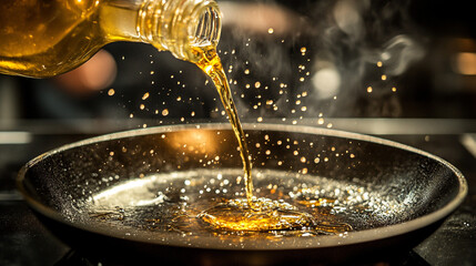 Pouring Cooking Oil into Hot Frying Pan with Steam and Splashes
