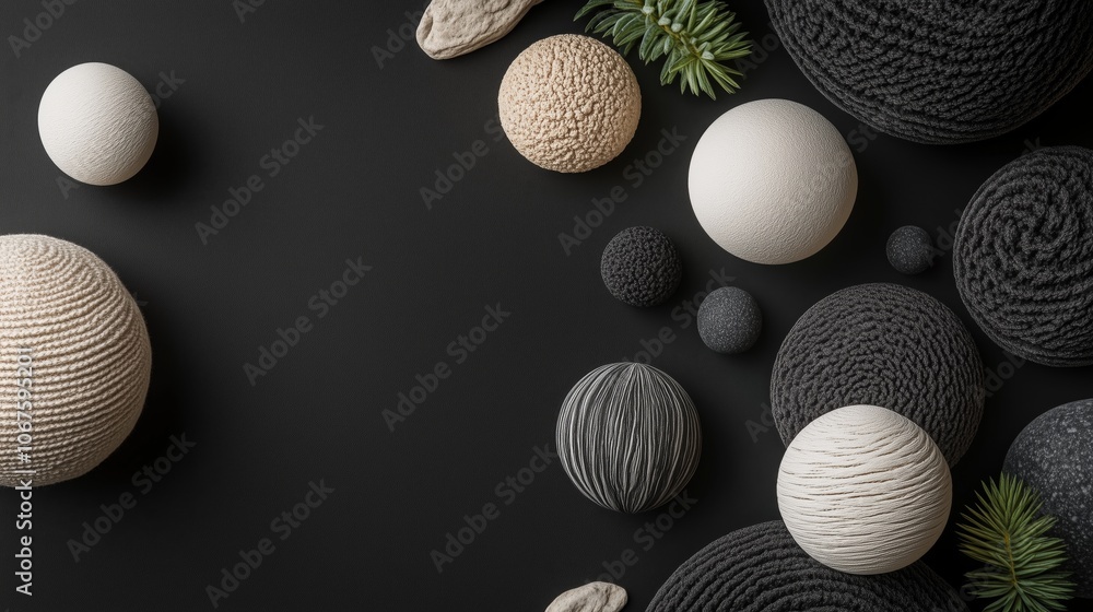 Poster abstract geometric composition with textured spheres and natural elements for modern design