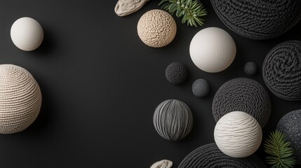 Fototapeta premium Abstract geometric composition with textured spheres and natural elements for modern design